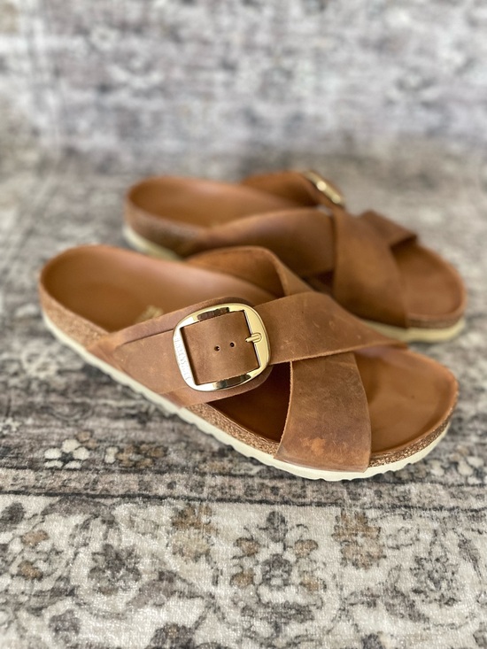 Birkenstock Shoes - Birkenstock Big Buckle Sienna Cognac Brown Leather Gold Size 39